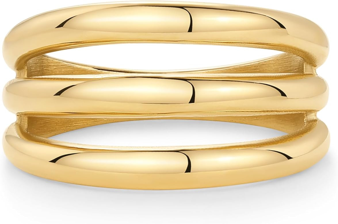 PAVOI 14K Gold Plated Chunky Curved Triple Stackable Ring for Women - Stainless Steel Three in On... | Amazon (US)