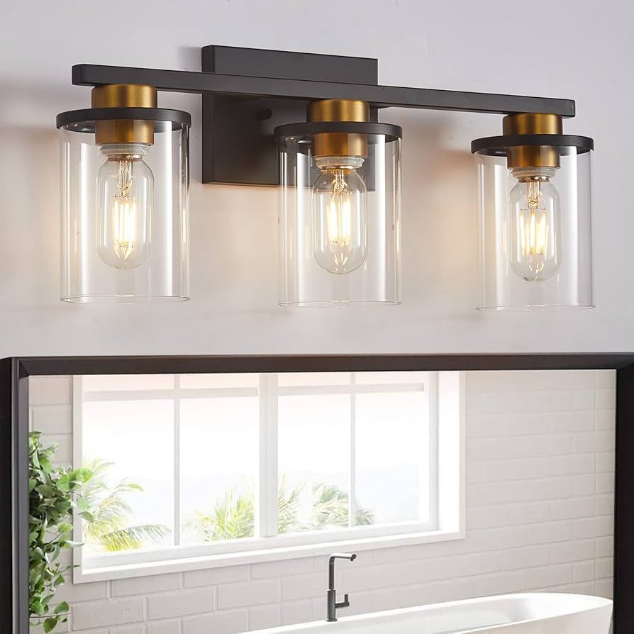 stambord Bathroom Vanity Light 3 Light, Black and Gold Bathroom Light Fixture with Clear Glass Sh... | Amazon (US)