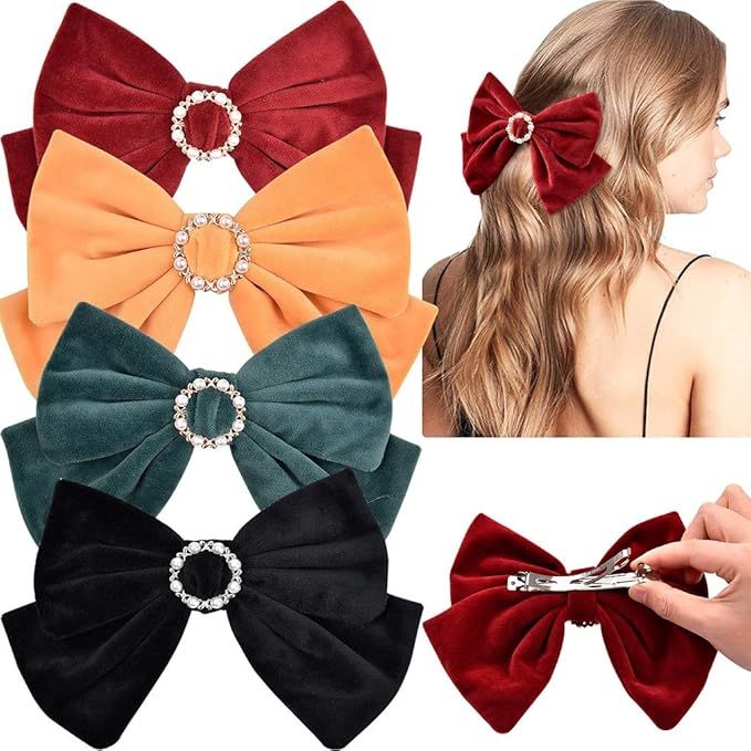 Aileam Velvet Hair Bows Barrettes Clips 8" Large Bows with Pearl Hair Clip Vintage Accessories fo... | Amazon (US)