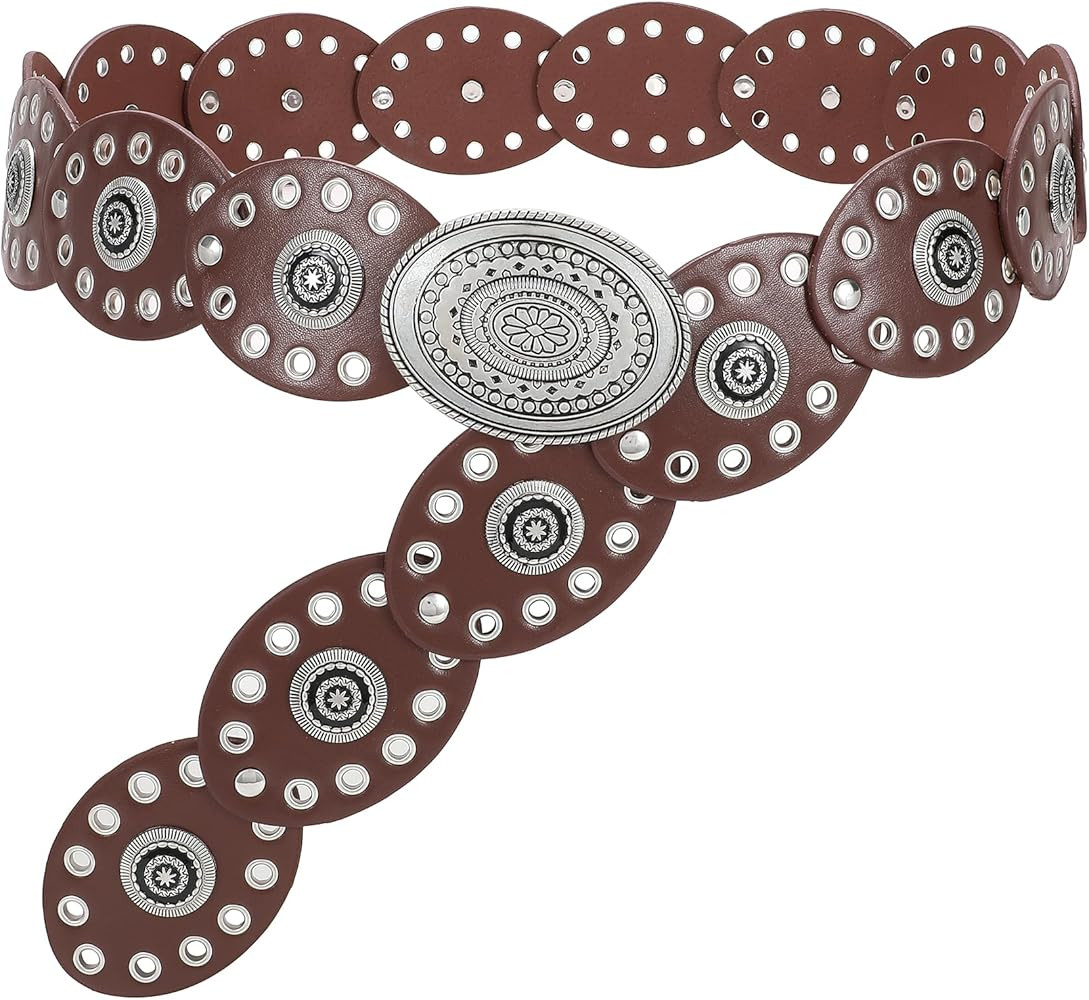 WHIPPY Women Disc Concho Leather Belt Western Wide Hollow Belt Vintage Boho Oval Waist Belt for M... | Amazon (US)