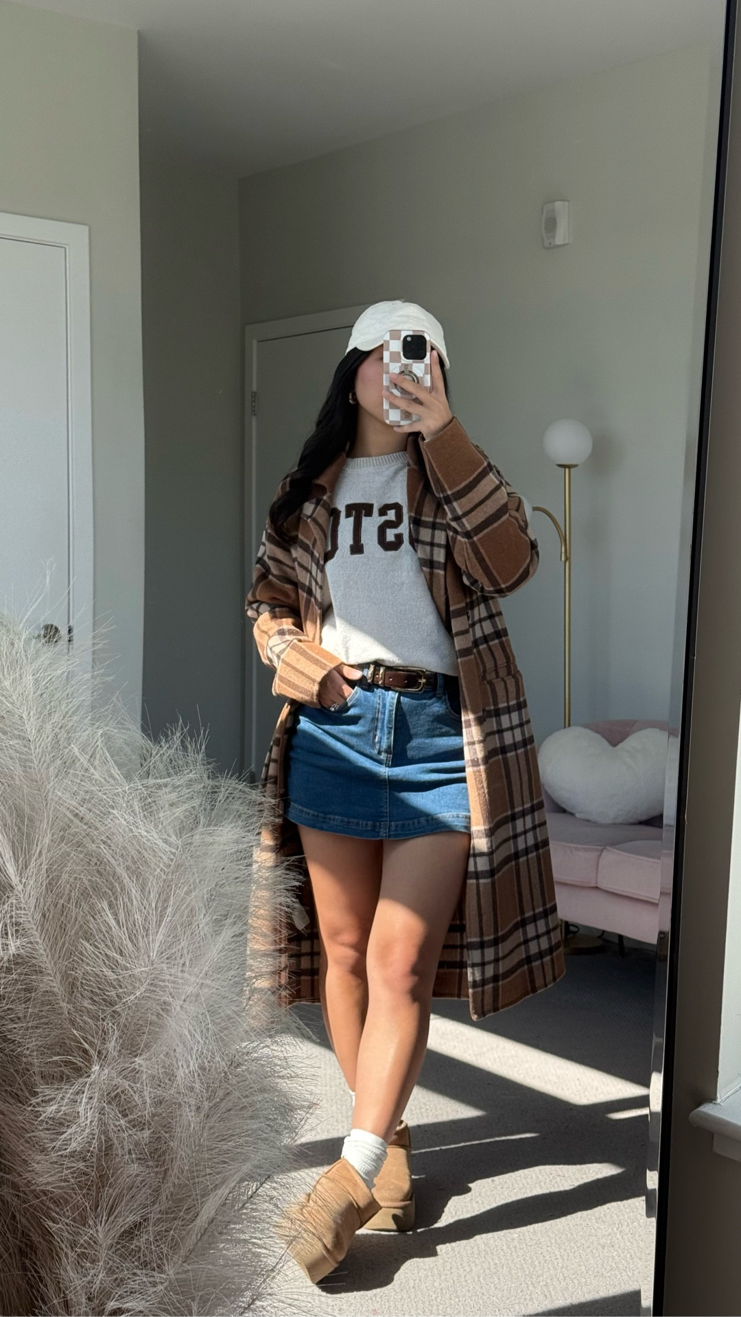 Denim Mini Skort: size XS (SHORTS IN BACK)
Platform UGG Boots: true to size
Sweatshirt: Boston airport LOL, linking similar
Coat: sold out, linking similar

Outfit idea, how to style, fall fashion, style tips, GRWM, ootd 

#LTKSeasonal #LTKShoeCrush #LTKStyleTip