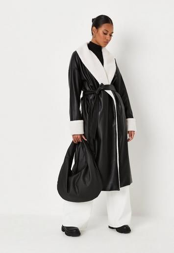 Missguided - Trench-Coat en similicuir noir à col en peau lainée | Missguided (FR)