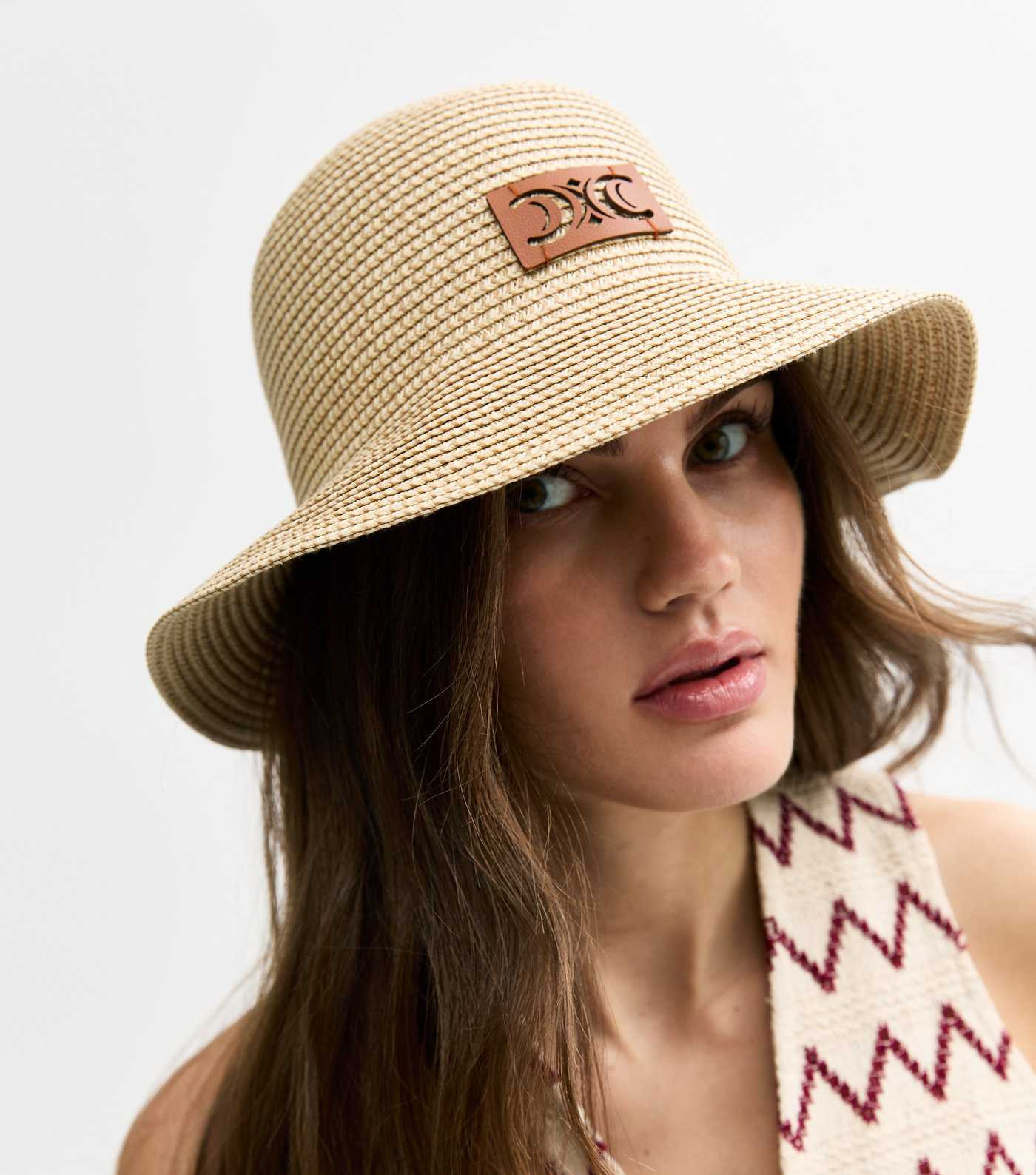 Brown Faux Leather Patch Straw Effect Bucket Hat | New Look | New Look (UK)