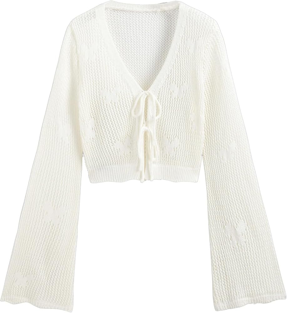 Tie Front Cardigan Bell Sleeve Tops for Women Light Weight 2023 Fall Solid Hollow Out Knit Knotte... | Amazon (US)