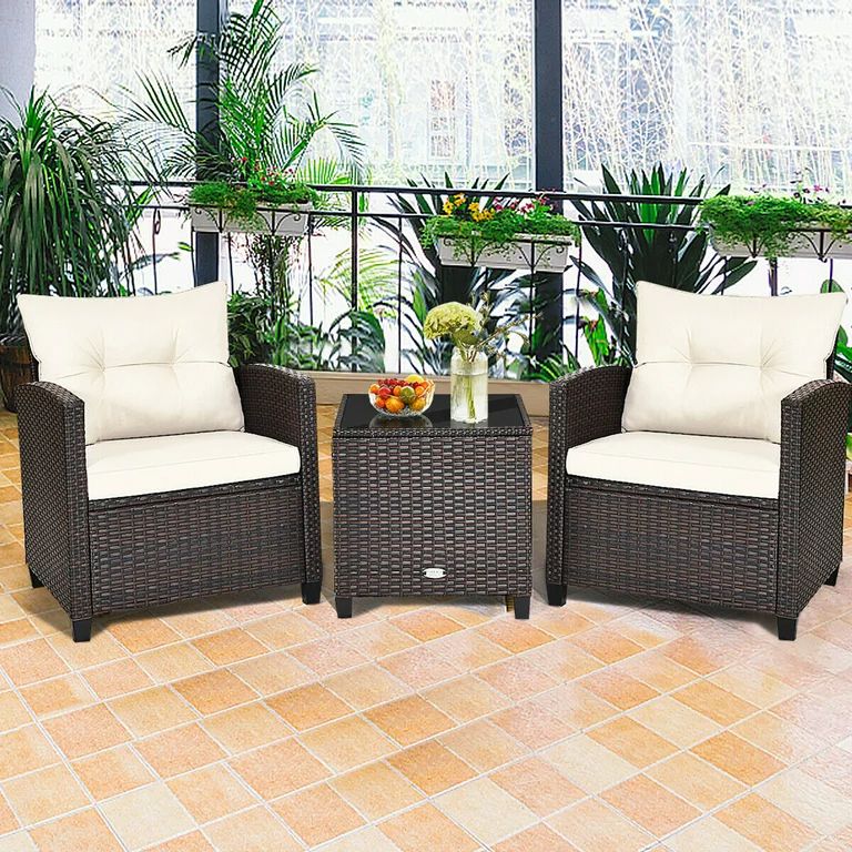 Gymax 3PCS Outdoor Patio Rattan Conversation Set Garden Yard w/ Off White Cushions | Walmart (US)