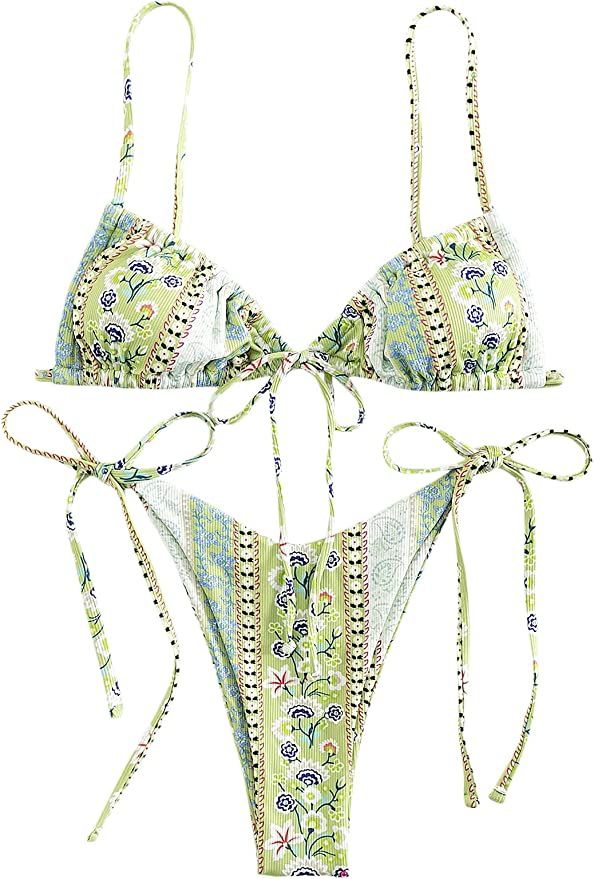 WDIRARA Women's Floral Print Tie Side Swimwear Straps Bikini Sets Swimsuits | Amazon (US)