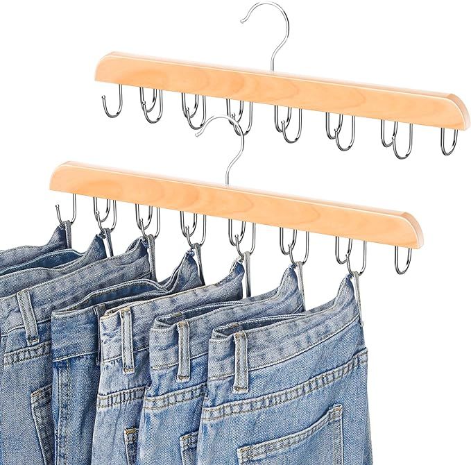 Jean Hangers for Closet, 14 Wood Jeans Hooks Space Saving, 180° Rotating Jean Hangers Holder for... | Amazon (US)