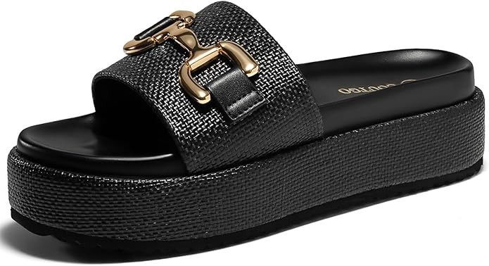 Coutgo Womens Platform Sandals Raffia Espadrilles Metal Chain Slip on Open Toe Cute Beach Slide S... | Amazon (US)