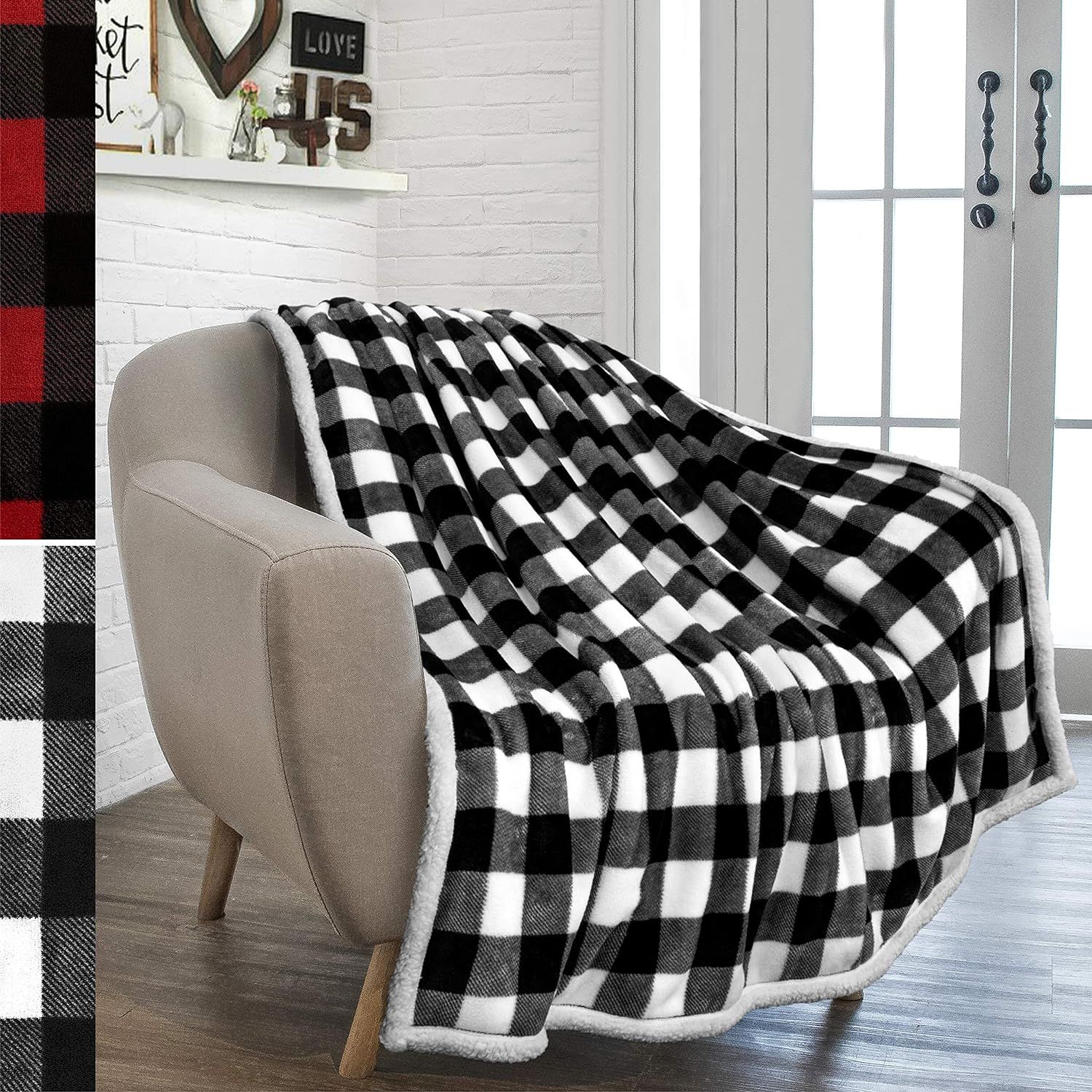 PAVILIA Buffalo Check Sherpa Blanket Throw | Fuzzy White Black Checkered Flannel Fleece Blanket f... | Amazon (US)