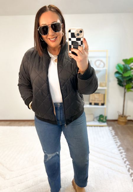 Reversible quilted bomber jacket now on sale for $34!  Sized up to an xl in mine. XXL ribbed long sleeve tee. Size 14 straight jeans by the Levi’s Strauss brand. So good! 

#LTKmidsize #LTKSeasonal #LTKfindsunder50