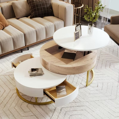 Modern Round Nesting Coffee Table, Lift-top Cocktail Table with 2 Drawers, Natural Wood + Antique White-ModernLuxe | Target