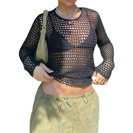 Nituyy Women Sexy Crochet Tops Mesh See-Through Long Sleeve Hollow Out Crewneck Beach Cover Up Top | Walmart (US)