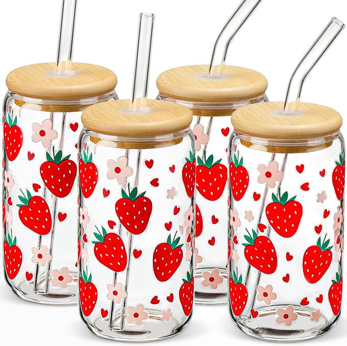 Glass Cups with Lids and Straws with Design Strawberry 4 pcs,Clear Glass Cups 16 oz-DWTS Drinking... | Amazon (US)