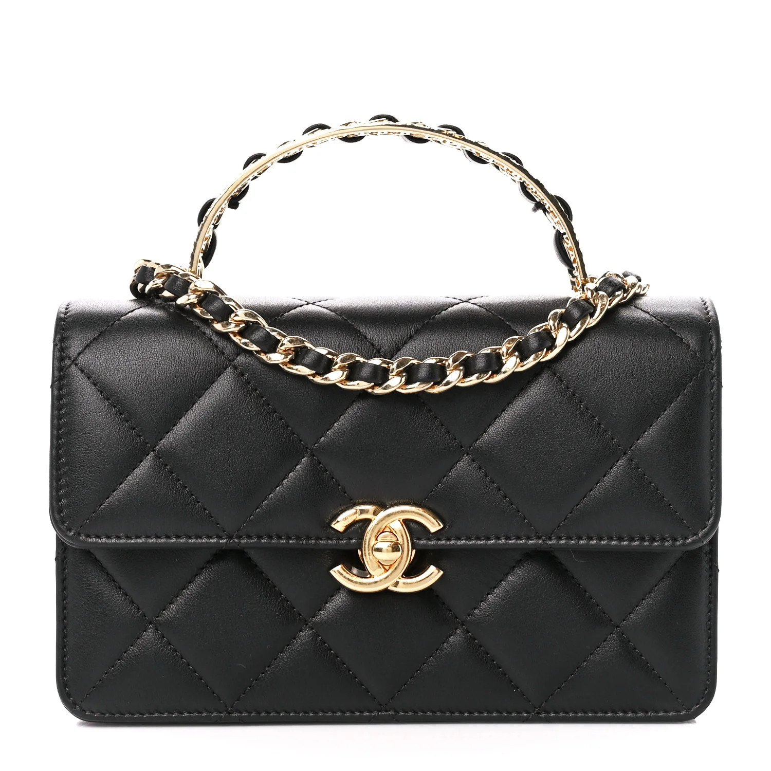 Shiny Calfskin Quilted Mini Metal Top Handle Flap Black | FASHIONPHILE (US)