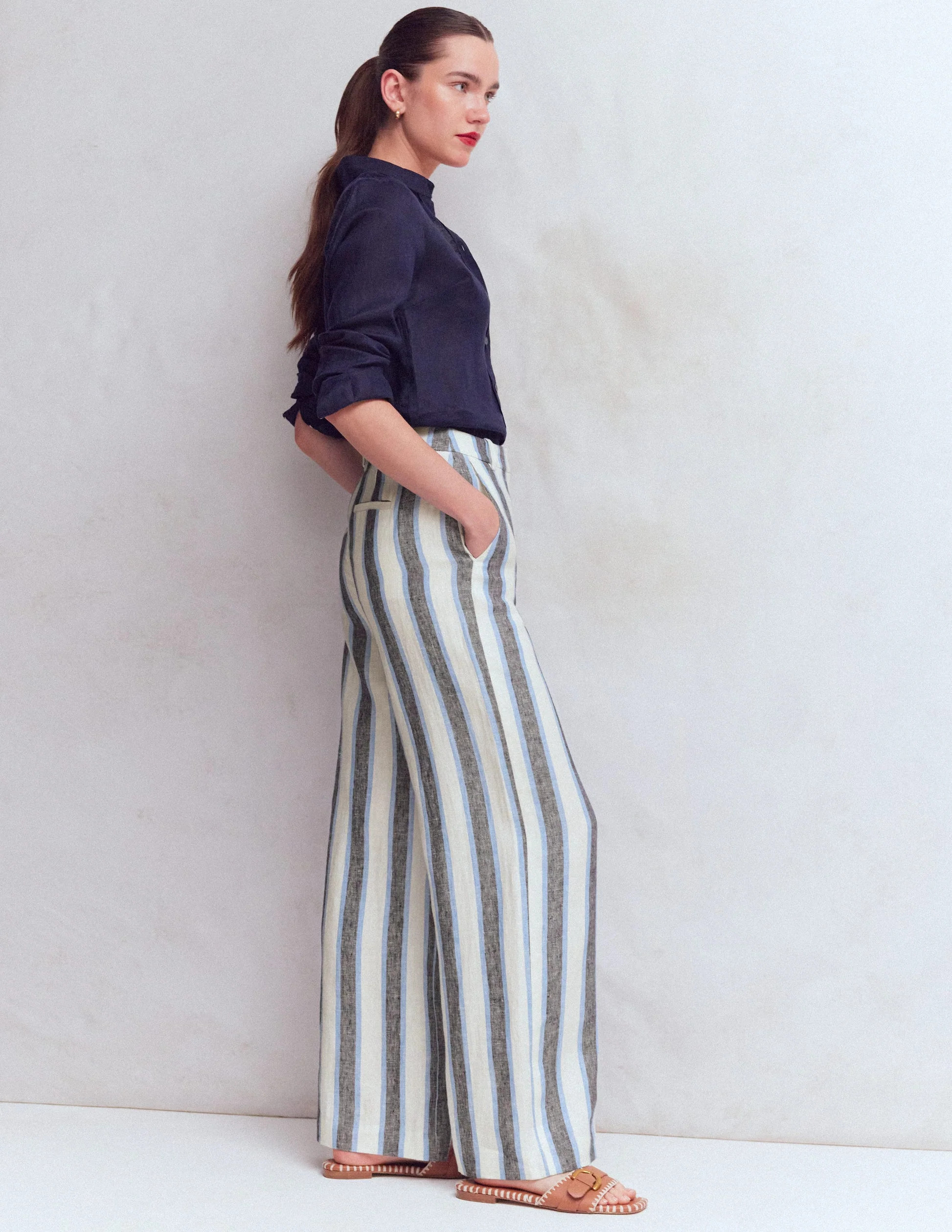 Belgravia Linen Trousers-Blue and White Stripe | Boden UK