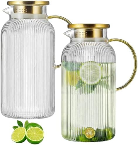 2 PACK Glass Pitcher with Lid, 84oz/2.5L Liter Classic Vertical Stripes Water Pitcher,Glass Water... | Amazon (US)