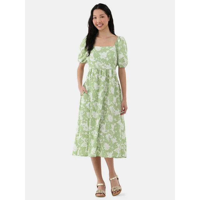 Time and Tru Women's and Women's Plus Back Tie Midi Dress with Puff Sleeves, Sizes XS-4X | Walmart (US)