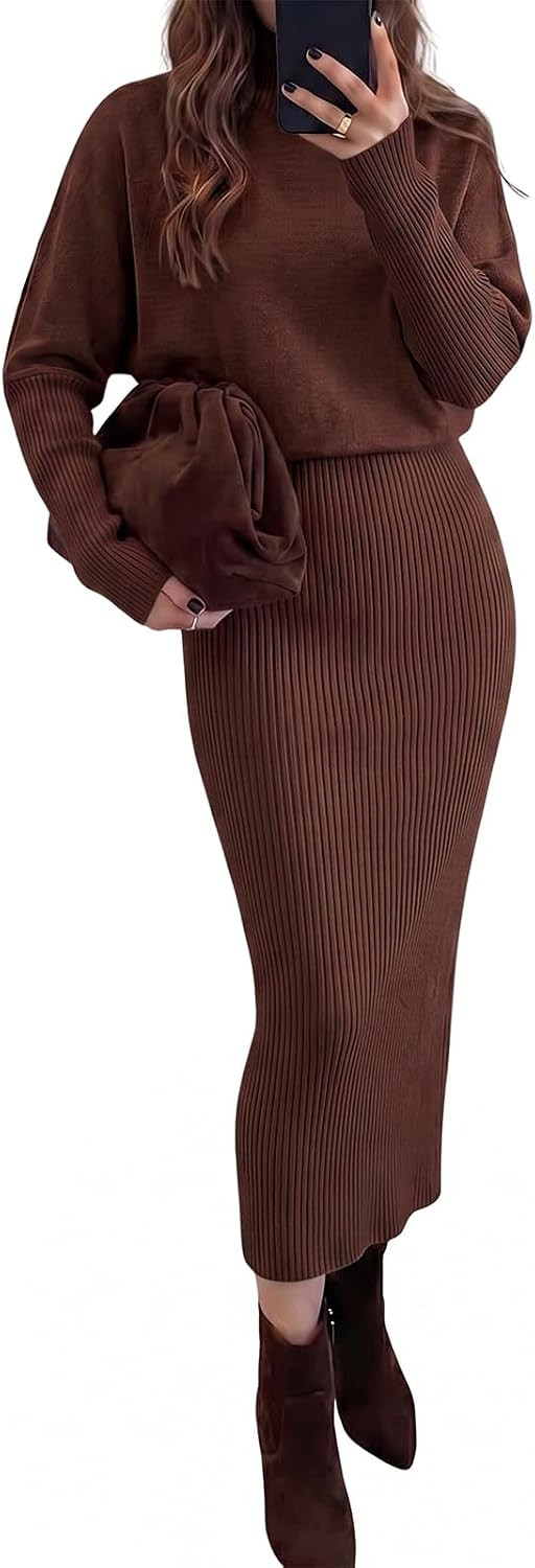 Wenrine Womens Sweater Dress Long Sleeve Ribbed Knit Bodycon Midi Dresses | Amazon (US)