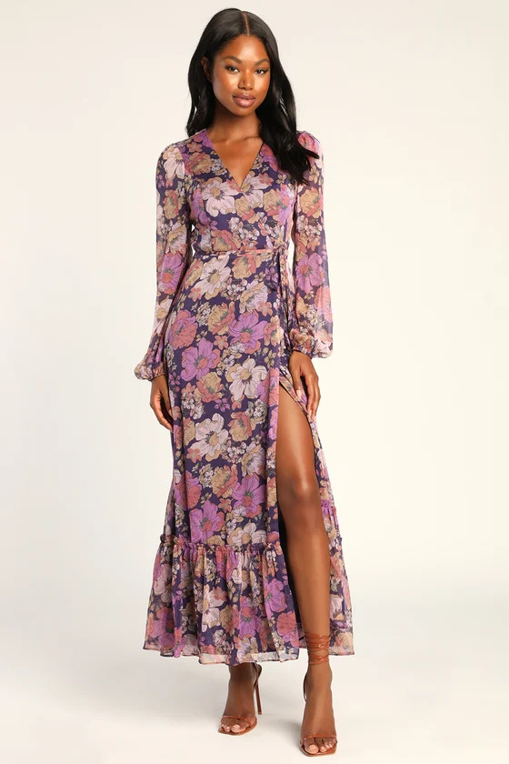 Feeling Sweet Purple Floral Print Long Sleeve Wrap Maxi Dress | Lulus