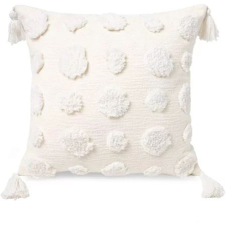 Boho White Throw Pillow Cover 18x18 Inch with Tassels Pom Pom Tufted Decorative Cream Chenille Fabri | Walmart (US)