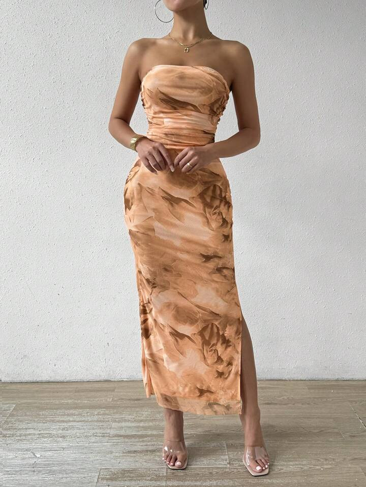 SHEIN BAE Women Sexy Floral Print Ruched Side Slit Bodycon Strapless Dress For Summer | SHEIN
