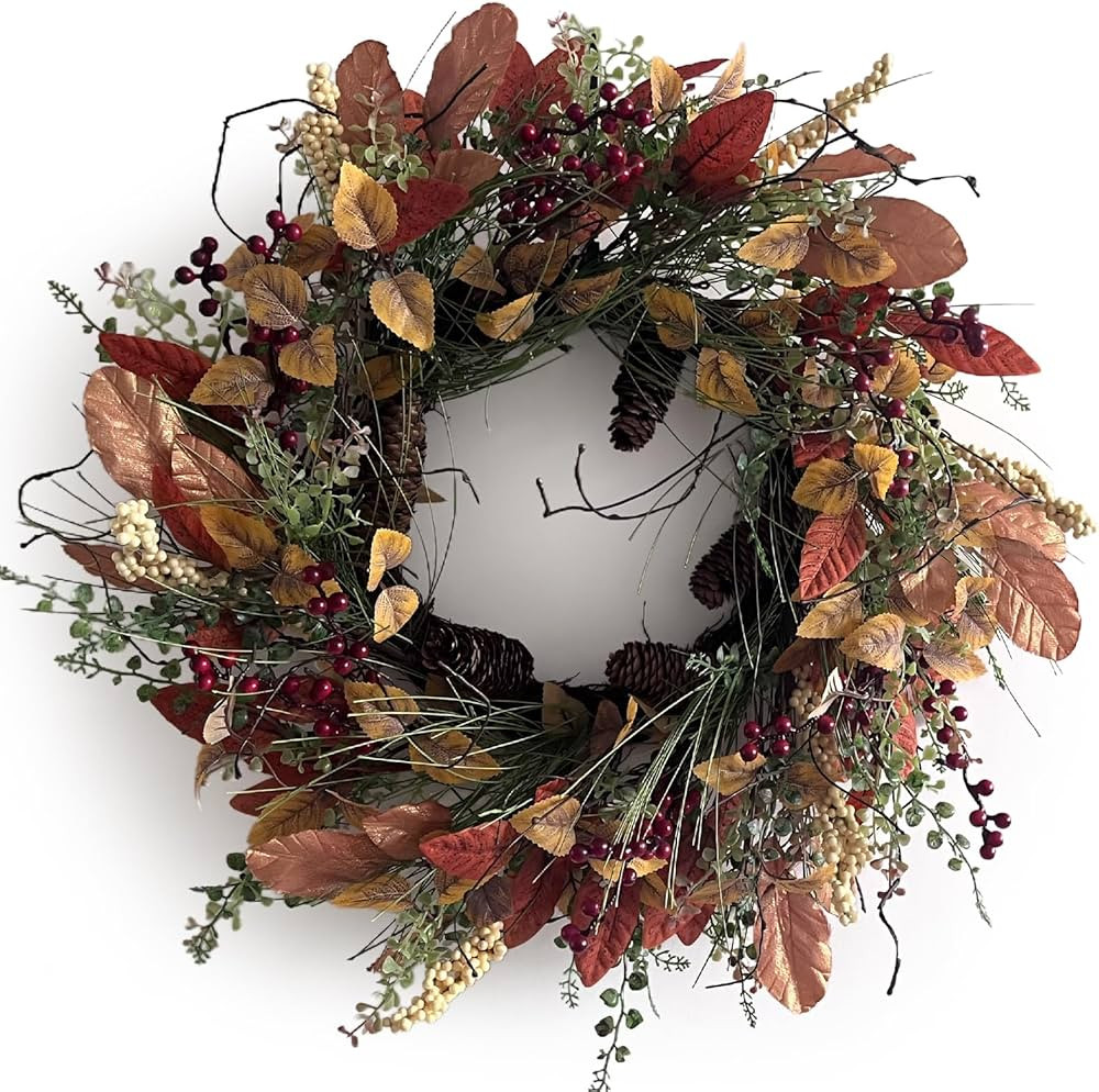 24 Inch Fall Wreath for Front Door Burgundy Berry Autumn Wreath with Pine Mixed Yellow Leaves, La... | Amazon (US)