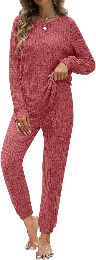 JUSTFASHIONNOW Womens Ribbed Knit Lounge Set 2 Piece Outfits Long Sleeve Pajama Set Loungewear Jo... | Amazon (US)