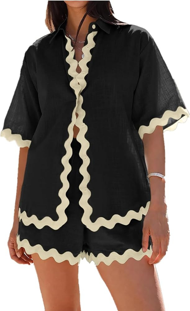 Misng Womens 2024 Summer 2 Piece Matching set Summer Beach Outfits Long Sleeve Oversized Shirts A... | Amazon (US)