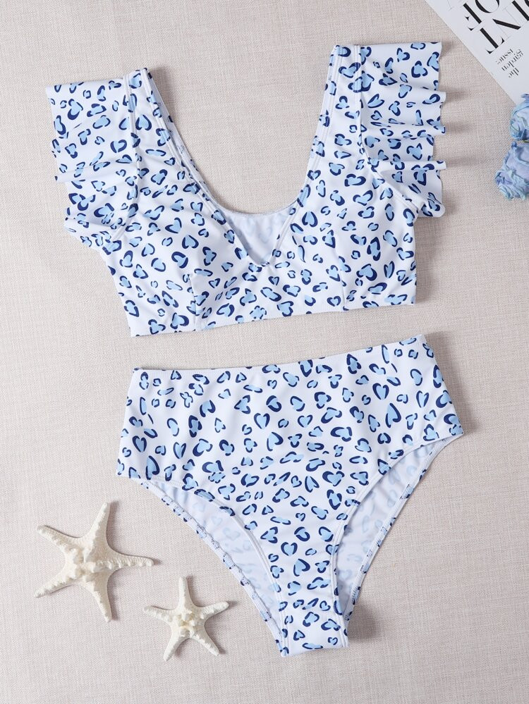 Allover Graphic Ruffle Trim Bikini Swimsuit | SHEIN