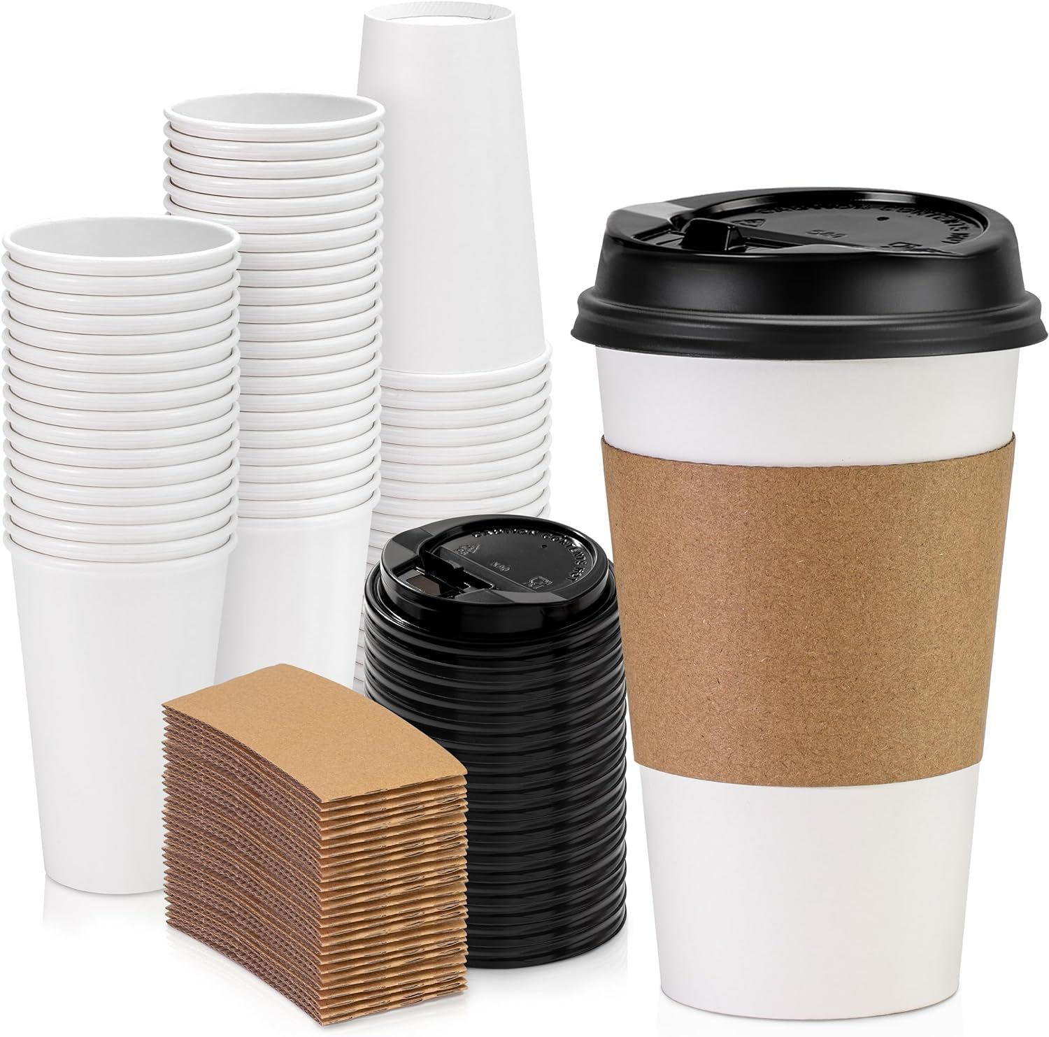 Fit Meal Prep 50 Pack 16 oz Disposable Coffee Cups with Lids, Sleeves and Stirrers, Premium To Go... | Amazon (US)