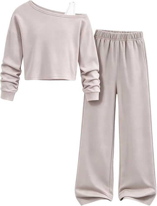 PATPAT Girls Sweatsuit Off Shoulder Sweatshirt Wide Leg Sweatpants 7-16Y | Amazon (US)