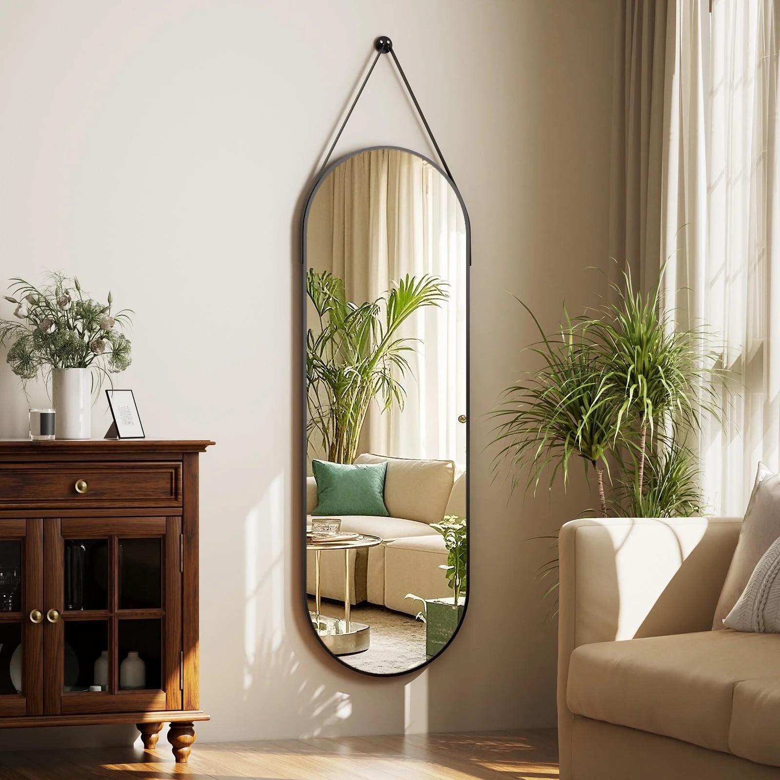 BEAUTYPEAK 48 x 16 Full Length Mirror Oval Hanging Wall Mirror with Leather Strap Black | Walmart (US)