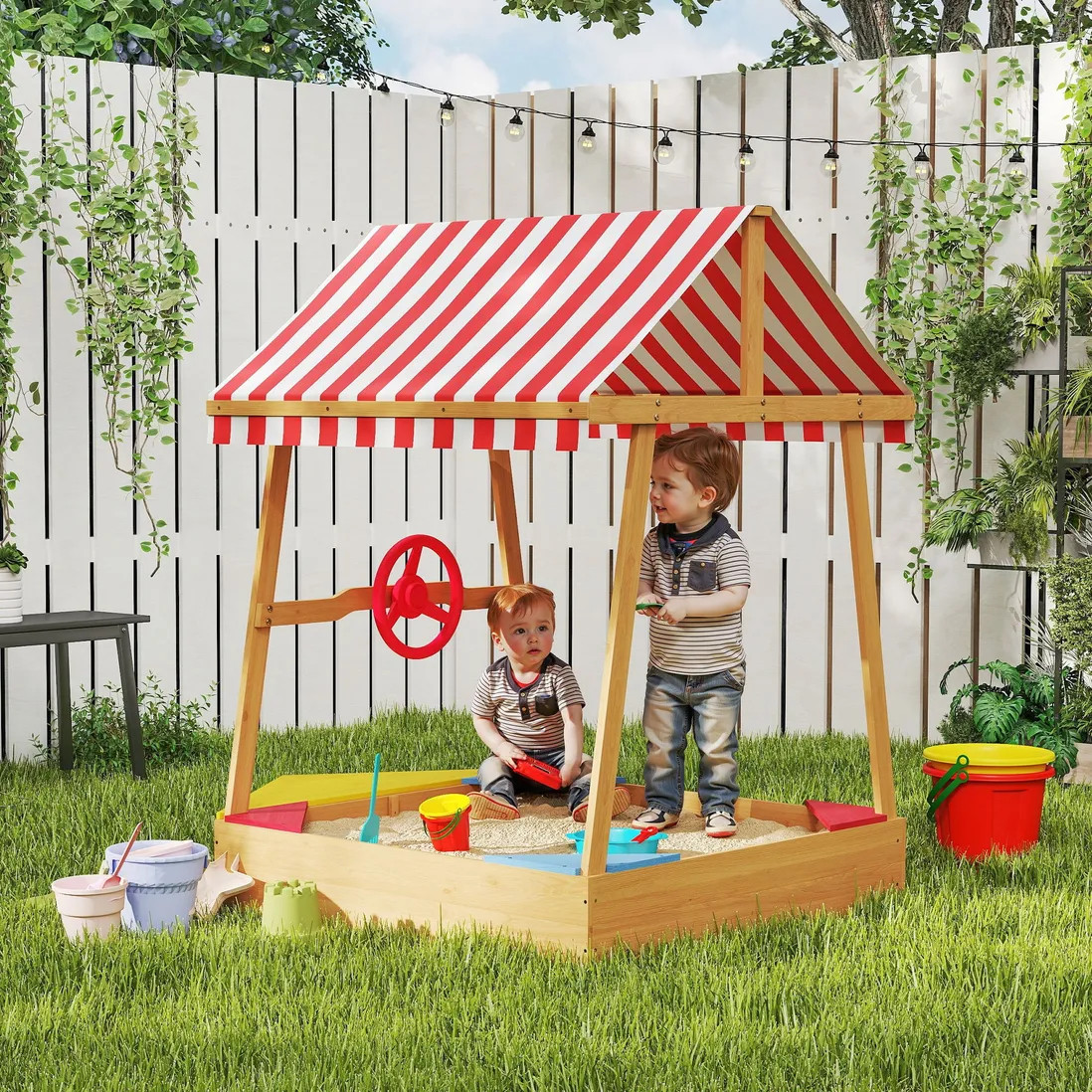 Outdoor Toys | Wooden Kids Sandpit with Canopy, Seats, Rudder & Bottom Liner | AIYAPLAY | Debenhams UK