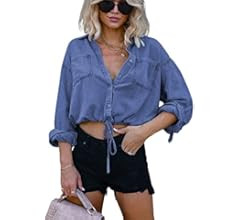 Kwoki Women's Cropped Denim Shirt Roll Up 3/4 Sleeve Casual Loose Crop Tops Drawstring Hem Button... | Amazon (US)