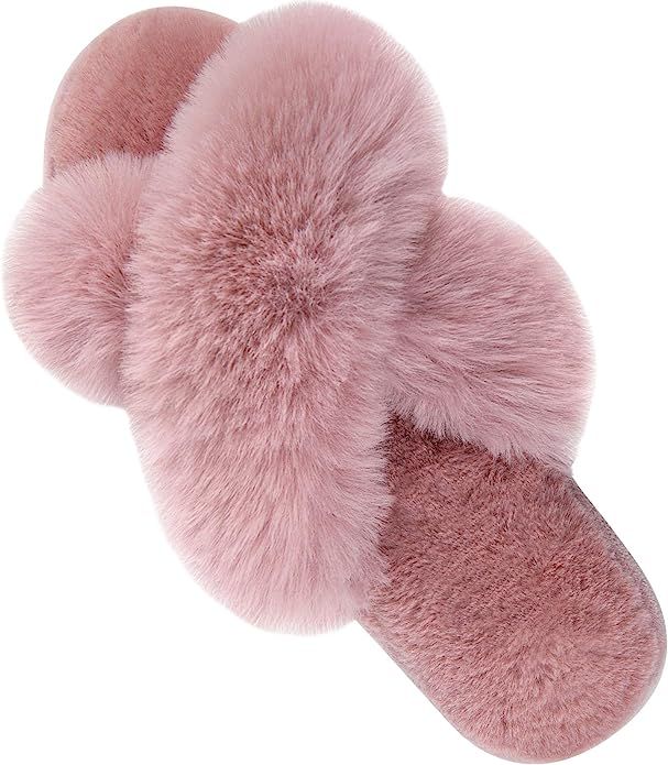 Women's Cross Band Slippers Soft Plush Furry Cozy Open Toe House Shoes Indoor Outdoor Faux Rabbit... | Amazon (CA)