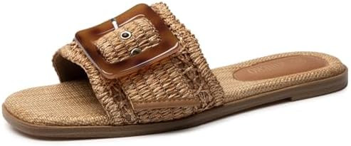 Rihero Women's Raffia Flat Sandals Square Open Toe Summer Beach Slip On Woven Buckle Slide Sandal... | Amazon (US)