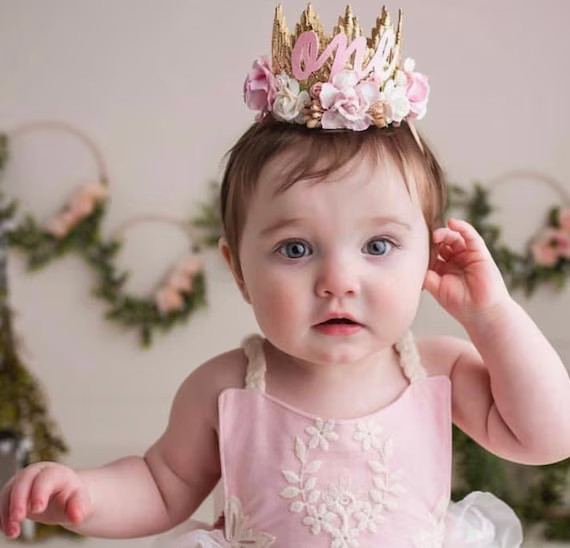 first birthday Boho Bloom MINI Sienna flower lace crown with pastel  pink, peach, + ivory flowers... | Etsy (US)