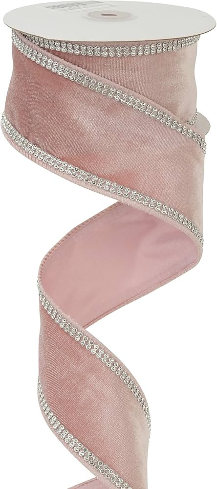 MEEDEE Dusty Rose Velvet With Rhinstone Edge Wired Ribbon 2.5 Inch Luxury Jeweled Ribbon 5 Yards ... | Amazon (US)