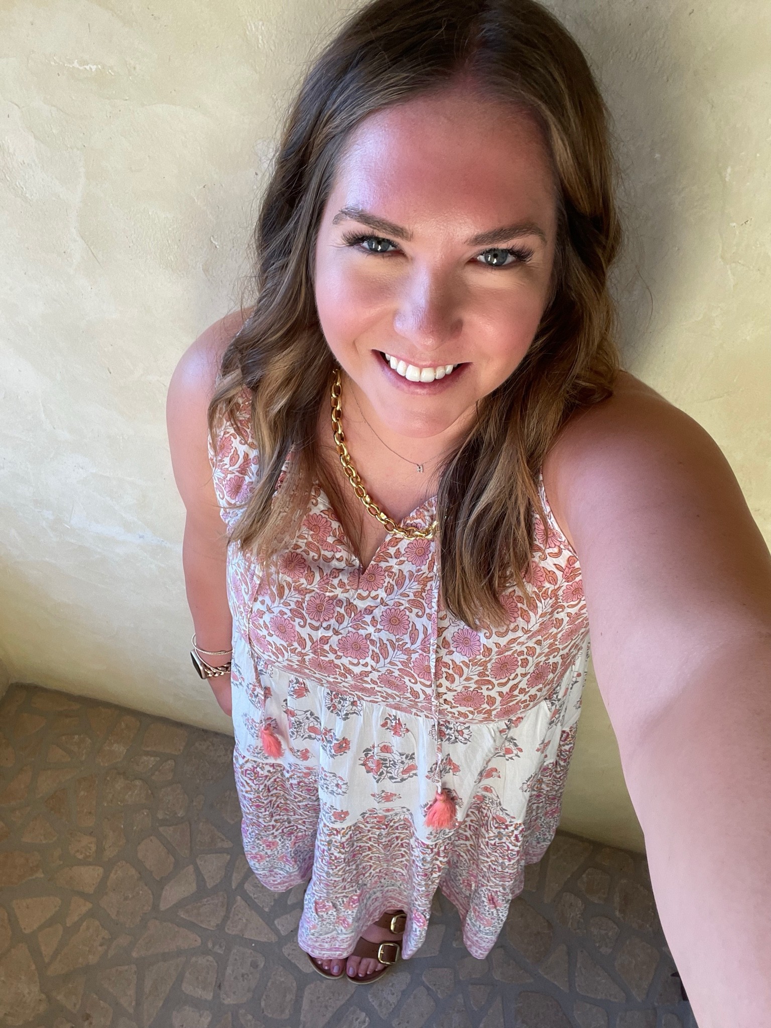 My outfit for our last night I the countryside in Tuscany. It was definitely a place to dress up a little  but still be comfortable. I love the prints on this dress. I styled it with a chunky gold chain, Diamond looking studs and my always preset Covet Initial Necklace  

#LTKtravel #LTKstyletip #LTKeurope