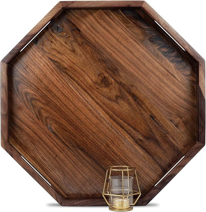 MAGIGO 20 Inches Extra Large Octagonal Black Walnut Wood Ottoman Tray with Handles, Serve Tea, Co... | Amazon (US)