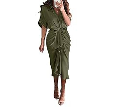 BTFBM Women 2023 Button Down Ruched Shirt Dresses Short Sleeve Lapel V Neck Elegant Party Spring ... | Amazon (US)
