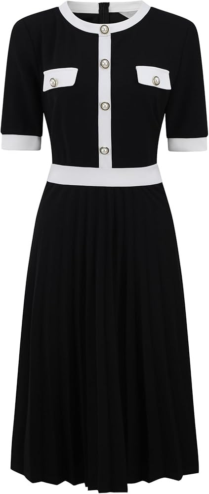 Women's Short Sleeve Pleated Dress 2025 Trendy Contrast Color Casual Work A-Line Midi Dresses | Amazon (US)