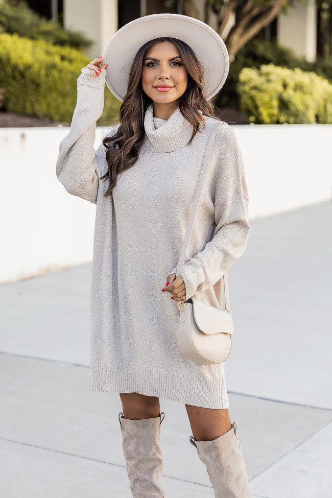 Changing Locations Beige Turtleneck Sweater Dress | Pink Lily