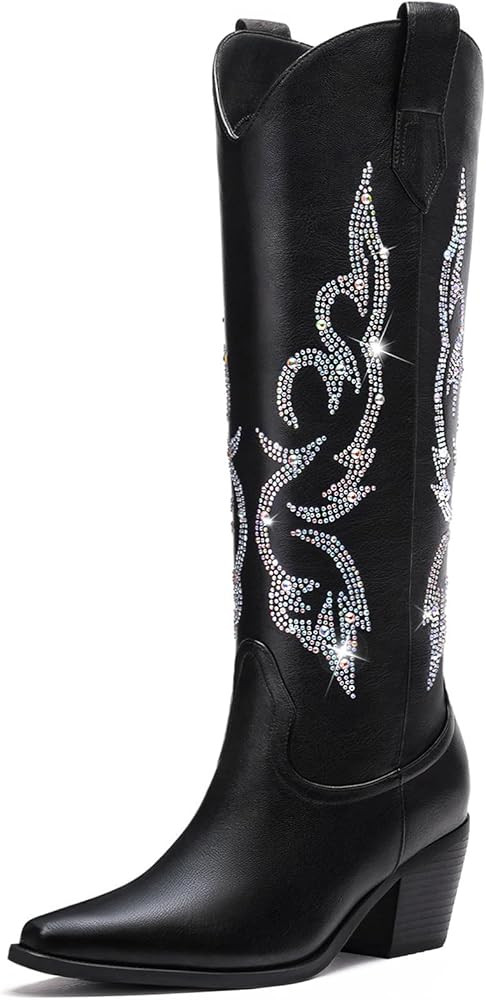 White Cowboy Boots for Women - Wide Calf Rhinestone Cowgirl Boots, Women Knee High Western Boots,... | Amazon (US)
