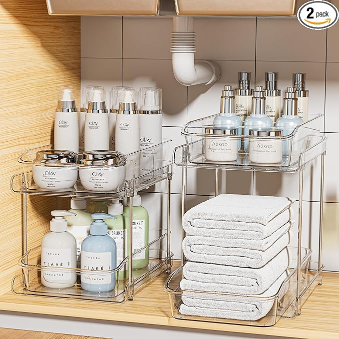 Delamu 2 Sets of 2-Tier Clear Under Sink Organizers and Storage, Multi-Purpose Stackable Bathroom... | Amazon (US)