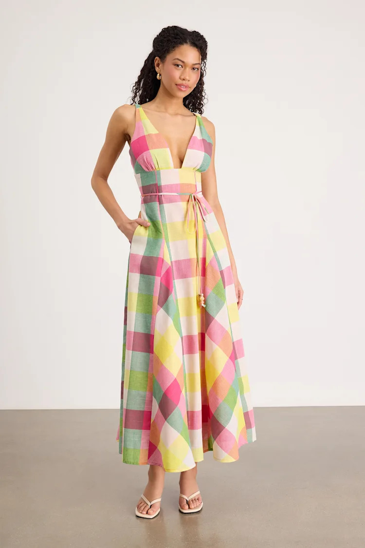 Jonna Yellow Multi Gingham Sleeveless Midi Dress | Lulus