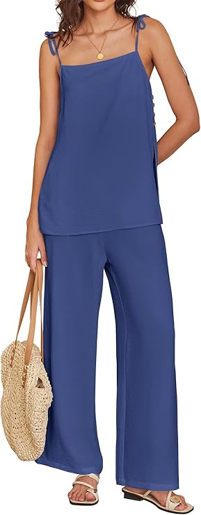 Amazon.com: ANRABESS Womens 2 Piece Summer Sets, Casual Sleeveless Top and Wide Leg Pants Set, Lo... | Amazon (US)
