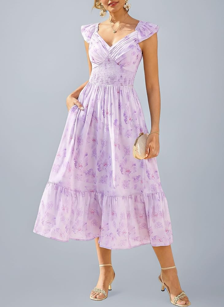 GRACE KARIN Damen Elegant Blumenkleid, R\u00fcschen\u00e4rmel V-Ausschnitt Kleid Damen Sommer mit... | Amazon (DE)