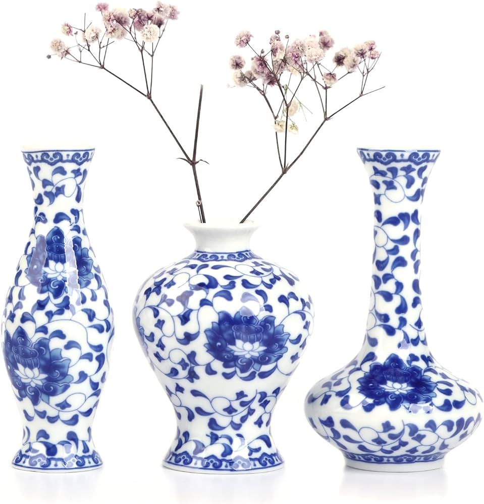 Blue and White Small Bud Vase Set, 3 Petite Vases for Window sill, idea Shelf décor and Coffee T... | Amazon (US)