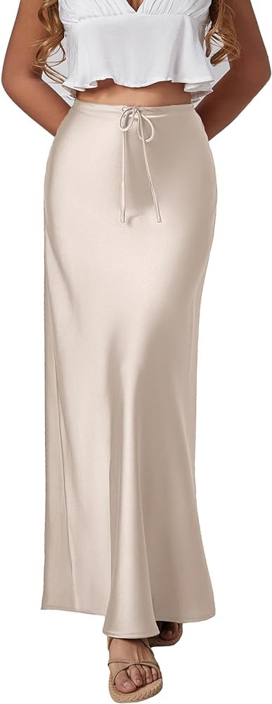 Skrtimory Womens Satin Silk Maxi Skirts Drawstring Flared Casual A-Line Long Skirt for Women | Amazon (US)